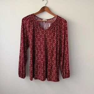 Wonderly Womens Shirt Size Petite Medium Red Long Sleeve Smocked V Neck Tunic